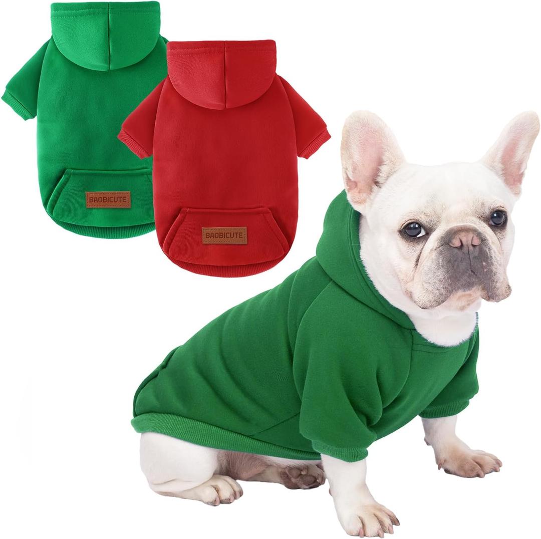 2 Pack Dog Hoodie Warm Hood Dog Sweater Cold Weather Small Dogs Sweatshirt Comfort Pet Clothes for Small Medium Dogs with Pockets (Green+Wine Red, XL (Back: 16.5",Chest: 21.6", 12.8-17lbs))
