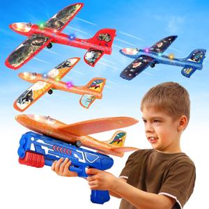 3 Pack Foam Airplane Launcher Toy with 3 DIY Stickers, 12.6" Glider Led Plane, Catapult Plane Boy Toys, Outdoor Sport Flying Toys for Kids Birthday Gifts for 4 5 6 7 8 9 10 11 12 Year Old Boys Girls (Red&orange&blue)