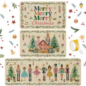 3 Pcs Christmas Nutcracker Kitchen Mat Washable Kitchen Rug Non Slip Doormat Waterproof Kitchen Rugs and Mats Farmhouse Holiday Kitchen Decor for Home Floor Office Bathroom Party Rustic Decor (Beige)