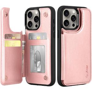 Arae Compatible for iPhone 15 Pro Max Case with Card Holder - Wallet Case with PU Leather Card Pockets Back Flip Cover for iPhone 15 Pro Max 6.7 inch - Rose Gold