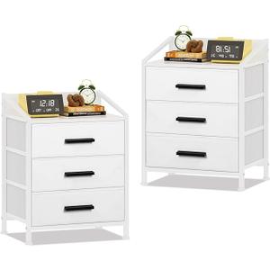 Nightstand 3 Drawer Dresser, 11" D x 15.6" W x 21" H, Set of 2 Side Table with Fabric Drawers, End Table, Small Dresser for Kids Closet, Guest Bedroom (White, Set of 2)