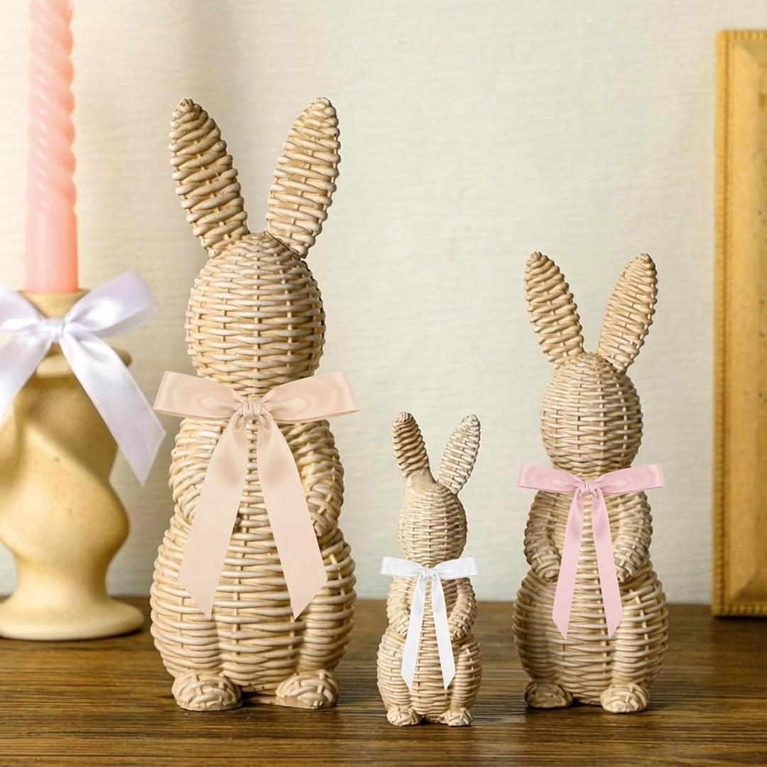 Cinnvoice 3 Pcs Rattan Effect Resin Easter Bunny Figurines Decor Wicker Easter Bunny Garden Statue with Bow for Spring Table Centerpieces Indoor Outdoor Patio Yard Farmhouse Decorations Home Decor