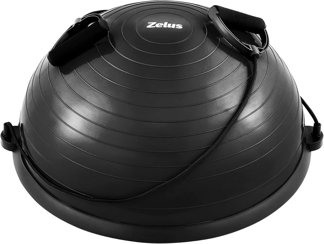 ZELUS Balance Ball Trainer with Resistance Bands and Foot Pump, Inflatable Yoga Ball for Home Gym Workouts, 23 Inch Exercise Half Ball for Balance Training Core Strength Fitness More, 330lb Cap (Black)