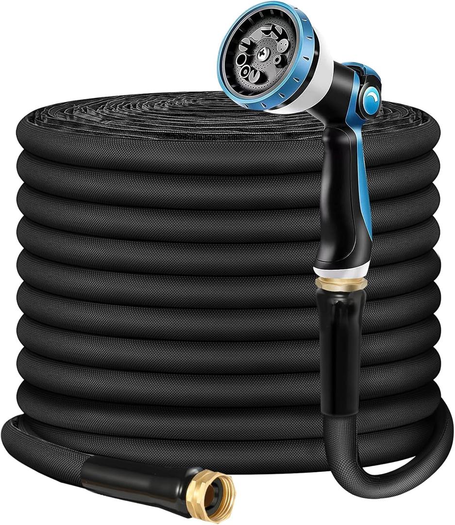 Non-Expandable Garden Hose 50feet, Felxible Water Hose with 10 Function Hose Nozzle, Lightweight, Anti-Kink, Tangle Free, Rust Proof for Yard - 2025 Model(Black) (50FT)