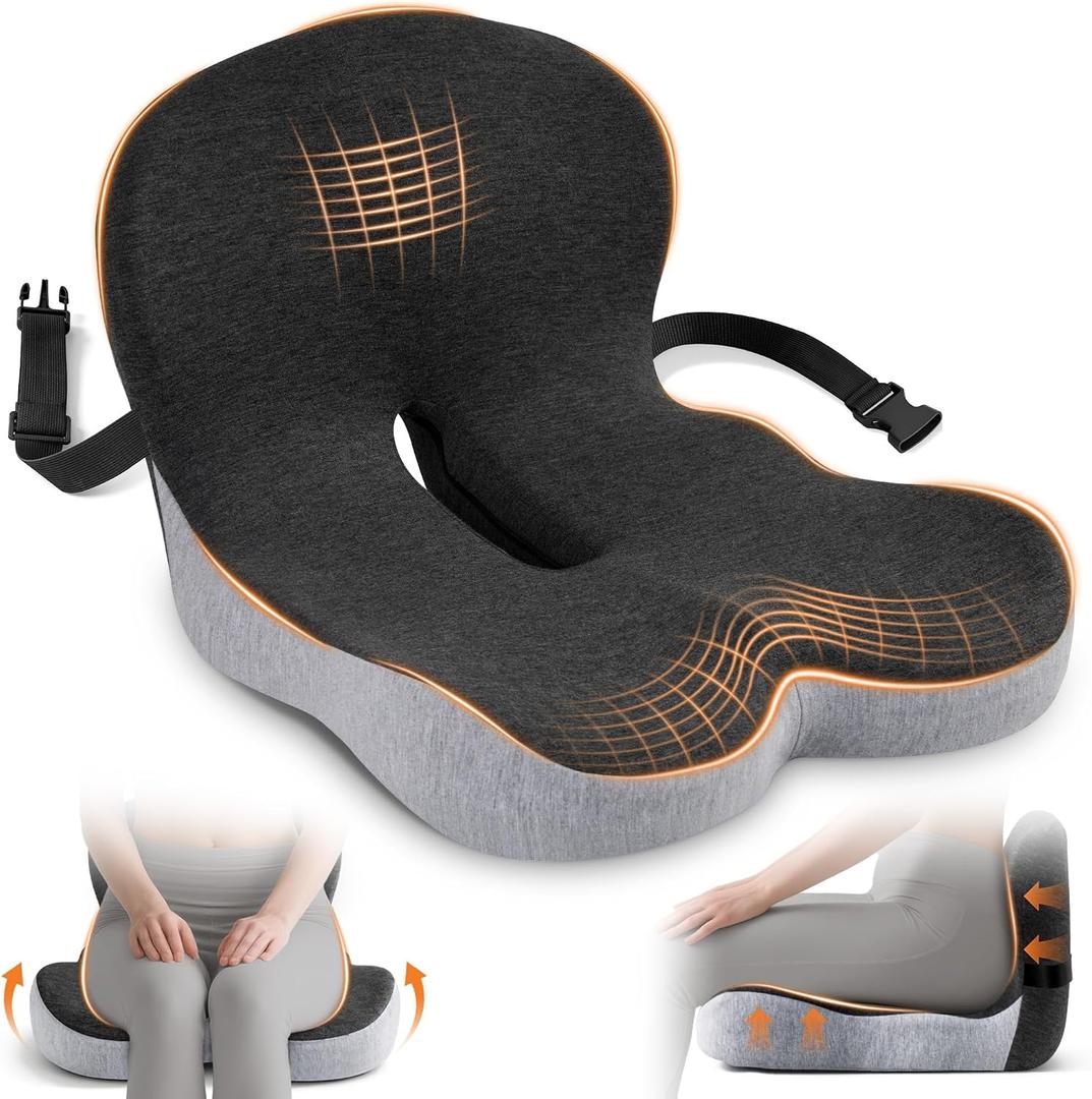 Seat Cushion, Office Chair Cushions for Tailbone Relief, Seat Cushions for Office Chair with L-Shaped Ergonomic Design & Adjustable Strap, Memory Foam Chair Cushion for Long Sitting Worker (Black Gray)