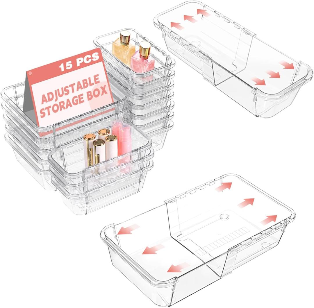 15 Pcs Extendable Clear Drawer Organizer, All Adjustable Vanity Storage Box, 2-Size Desk Drawer Organizer, Acrylic Storage Bins for Makeup, Cosmetic, Bedroom Dressers Tool Organizer for Gadgets (5 Pcs Large + 10 Pcs Medium)
