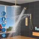 Enga Thermostatic Dual Head Shower System - 16"+6" Ceiling & Wall Mount Rainfall Showerheads, All Functions Simultaneous & Adjustable Volume, Brushed Gold