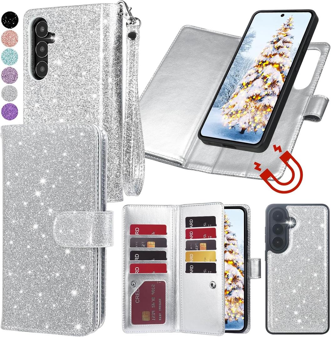 Varikke for Samsung Galaxy S26+ /S26 Plus Wallet Case Detachable with RFID Blocking Card Holder for Women, Glitter Leather Strap Magnetic Flip Removable Phone Case for Galaxy S26 Plus 6.7", Silver