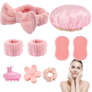 OULIGET 9 Pcs Skincare Headband Set,Include Shampoo Brush,Bath Caps,Flower Hair Clips,Scrunchies,Headbands Wristband, Facial Cleansing Brushes,Headband Set for Face Washing Spa