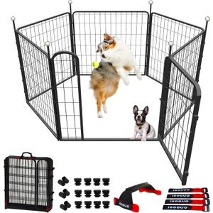 Dog Playpen Indoor/Outdoor, 32'' Portable Dog Crates with Easy-Carry Straps,6 Panels Dog Pen Play Pen for Small/Medium Dogs,Rustproof Metal Pet Playpen for Camping RV Yard (with One Door)
