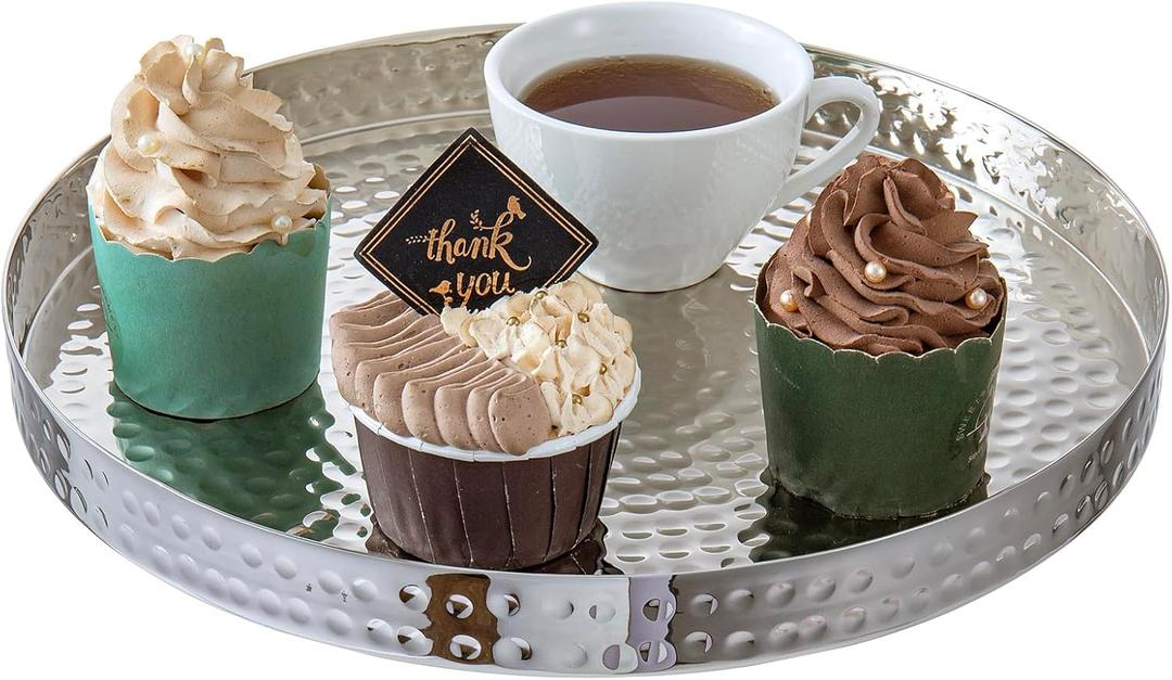 MyGift 11 Inch Silver Round Tray - Hammered Metal Serving Tray & Decorative Silver Platter for Vanity Display - Handcrafted in India