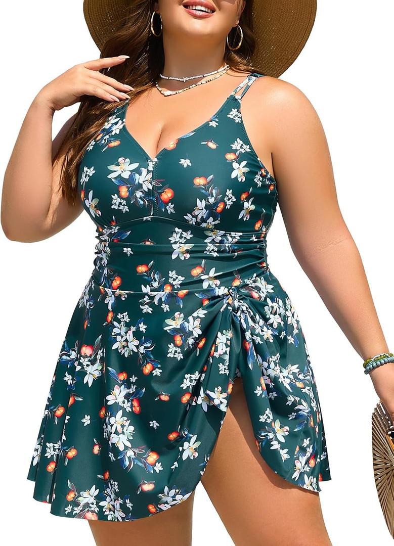 Summer Mae Plus Size Swimsuit for Women One Piece Swim Dress Tummy Control Bathing Suit with Flowy Skirt Modest Swimwear (16 Plus, Summer Fruits)