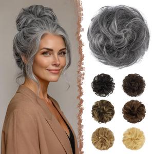 FESHFEN 100% Human Hair Messy Bun - Real Elastic Scrunchies Hair Pieces Soft Fluffy Wavy Ponytail Extensions Updo Chignon Hairpieces for Women, Gray Mixed