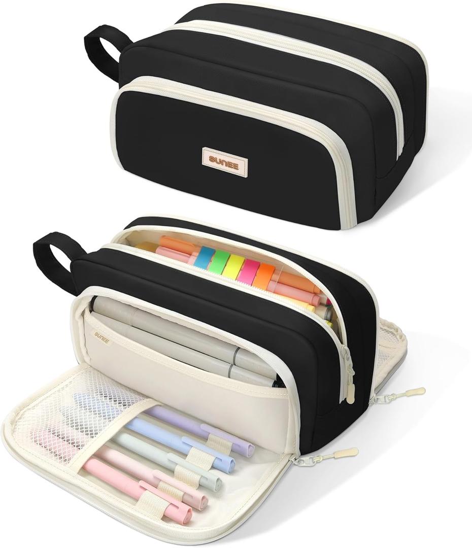 SUNEE Cute Pencil Case, Aesthetic Pen Pouch with 3 Compartments, Kawaii Colored Large Pencil Bag with Zipper, Stationery Storage and Organizer, Black School Supplies for Teen and Adult Girls