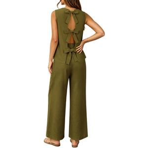2 Piece Linen Matching Sets for Women Reversible Cute Back Bow Summer Outfits Wide Leg Pants Vacation Lounge Sets (Green, XL)