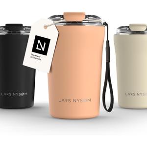 LARS NYSM Thermo Coffee Mug to go with Strap 13oz | Travel Mug 0.38 Liter with Insulation | Leak Proof Stainless Steel Thermal Tumbler for Coffee and Tea to Go (Creamy Peach, 12.9 oz)