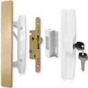 ALLYWASAI Patio Sliding Patio Door Handle Set with Mortise Lock, Key Cylinder and Keeper, Wood Handle Lock Set Fits Door Thickness from 1-1/2" to 1-3/4", 3-15/16" Screw Hole Spacing, Keyed, White