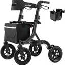 Rollator Walker for Seniors, Foldable All Terrain Rolling Walker with seat, Aluminum Walkers with 10 inch Rubber Wheels, Built-in Cable, Cup Holder, Adjustable Handles and Backrest for Seniors, Black