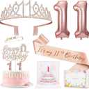 11th Birthday Decorations for Girls, 11th Birthday Sash and Crown, Pop Up Card, Cake Topper, Number Candles and Balloons, 11 Year Old Gifts for Girls