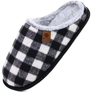 ONCAI Men's House Slippers Memory Foam Slip-On Warm Cozy Scuff Home Bedroom Shoes with Indoor/Outdoor Rubber Soles US Size 7 Plush Black/White