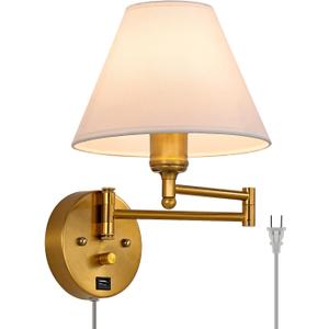 Swing Arm Wall Sconces, Plug-in Wall lamp,Bedroom Wall lamp  White Fabric Shadewith dimmable Switch and USB Charging Port, Suitable for Bedside, Living Room, Reading (Golden)