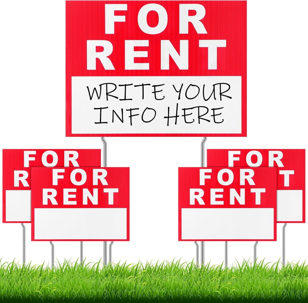 Ripeng 4 Pcs 17 x 13 Inch for Rent Sign with Stand Double Sided Corrugated Plastic Red White for Lease Sign with 8 Pcs Tall Iron Stands for Outdoor House Business Rental Car Apartment (17 x 13 Inch)