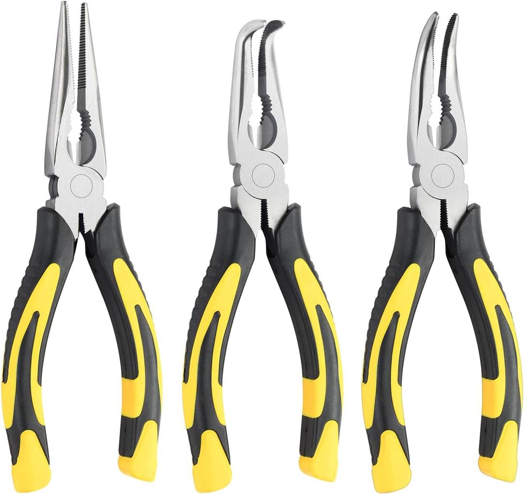 3pcs 8inch Reach Needle Nose Pliers Set,Includes Straight Needle Nose Pliers,45&90Bent Nose Pliers,Pliers Tool Set for Narrow Spaces