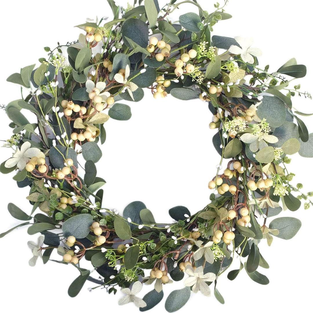 Bibelot 20Inch Artificial Eucalyptus Berry Wreath Green Leaf Eucalyptus Wreaths Spring Summer Wreath for Front Door Window Hanging Wall Party Decorations (20in)