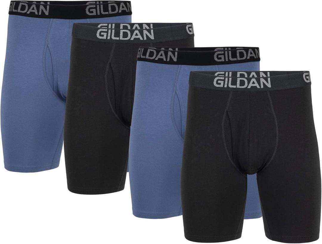Gildan Men's Underwear Cotton Stretch Boxer Briefs, Multipack (Large, Black Soot/Slate Blue (4-pack, Long Leg)