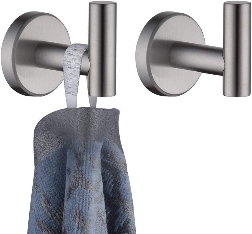 JQK Bathroom Towel Hook Brushed, Coat Robe Clothes Bath Wall Hooks for Kitchen Garage SUS 304 Stainless Steel Thick 0.8mm, 2 Pack Brushed Steel, TH100-BN-P2