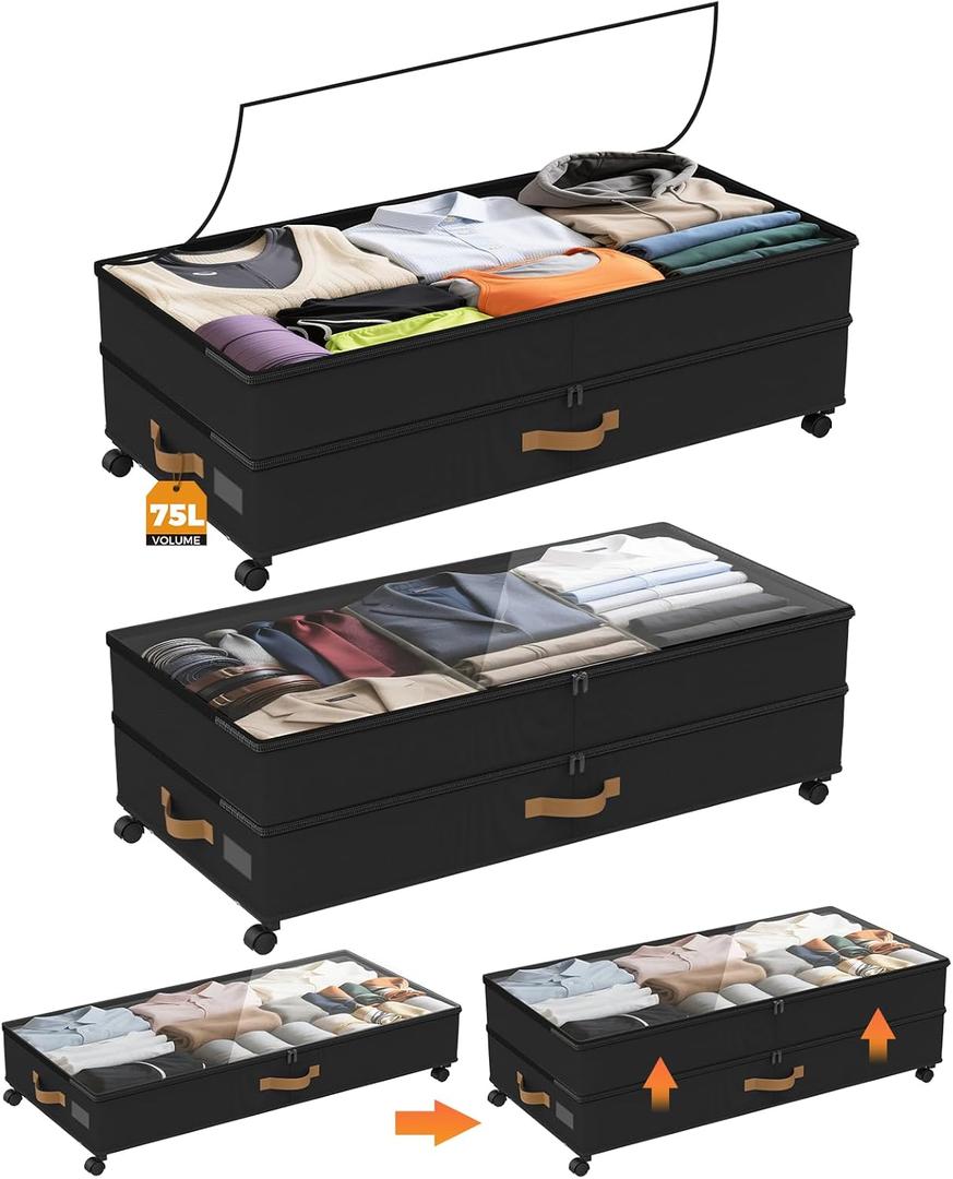 Under Bed Storage with Wheels 2-Pack, 75L XXL Under the Bed Storage Containers Large, 12" Tall Adjustable Storage for Underbed with Lids, Rolling for Shoes, Clothes, Blankets (Black)