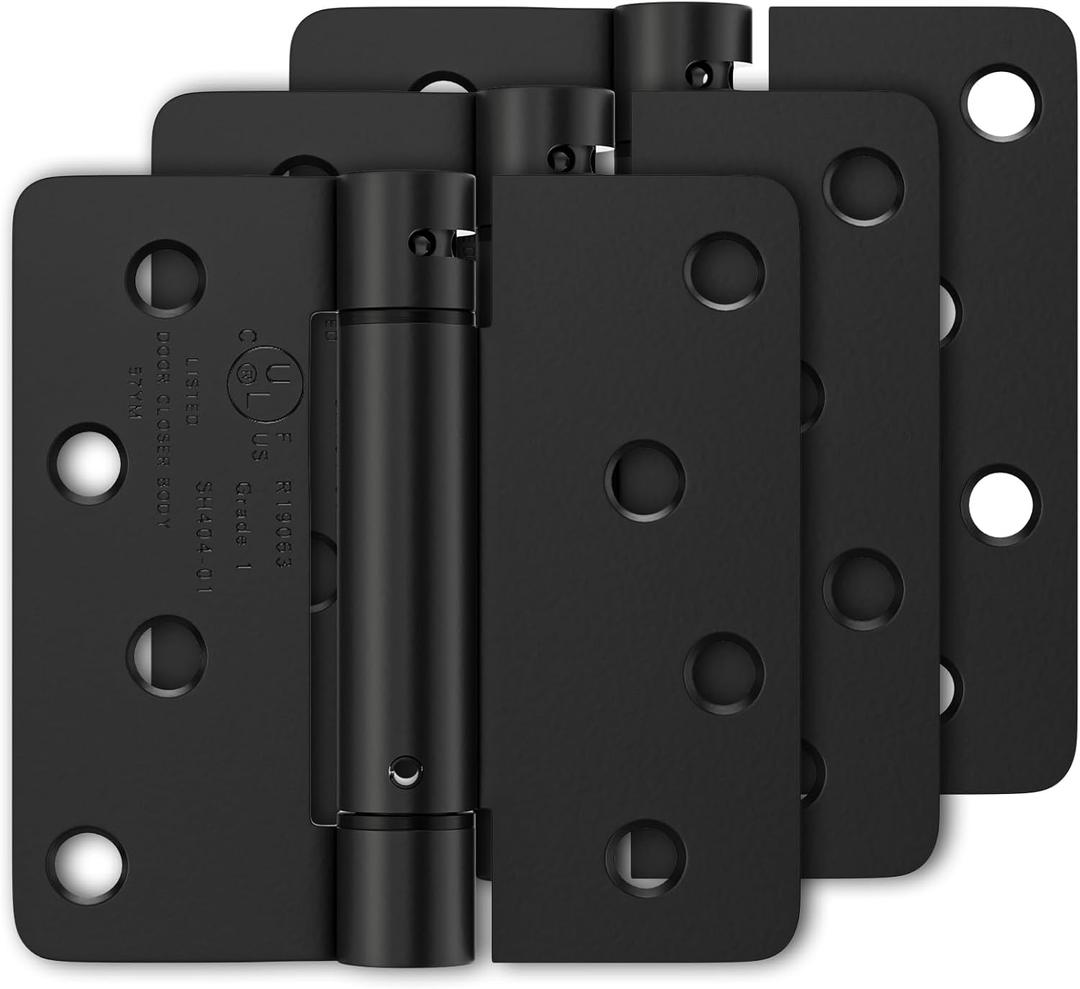 3 Pack Self Closing Door Hinges 4 Inch, Matte Black Spring Loaded Hinges with 1/4'' Radius Corners, Adjustable Tension for Garage, Front Door, for Left and Right Hand Door, UL Listed