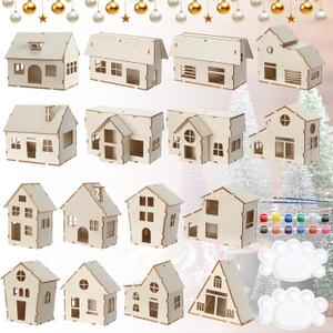 Cinnvoice 16 Pieces Christmas Village DIY Painting Kit Wooden House Ornaments Unfinished Xmas Wood Village Houses Winter Christmas Painting Desktop Ornament Decoration for Holiday Christmas Party