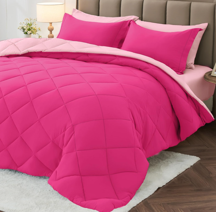 Queen Comforter, Reversible Bed in a Bag Queen Size, All Season Bedding Comforter, Hot Pink & Baby Pink
