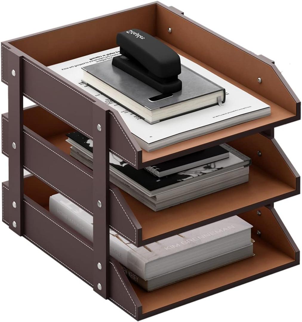 Leather Desk Organizer, Thipoten 3-Tier Stackable Letter Tray Holder for Office Supplies, Paper, File, Magazine, Perfect Office Organization for Desktop (Brown-3Tiers)