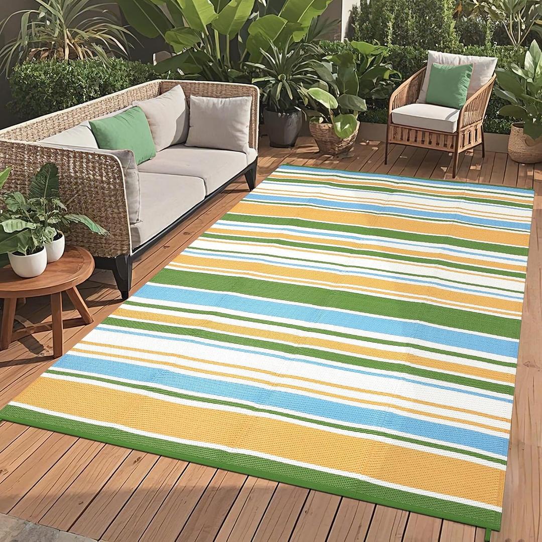 GAOMON 9x12 Large Outdoor Rug Waterproof for Patio Plastic Straw Rug Geometric Stripe Indoor Outdoor Area Rug Modern Lines Outdsid Camping Rugs for Backyard Balcony Trailer, Yellow Blue Green White