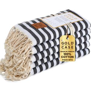 GOLD CASE HOME COLLECTION Myra Original Turkish Hand Towels by Gold CASE - Set of 5-20x40 inches 100% Cotton Decorative Towel Bathroom & Kitchen & HandFaceHairFarmhouseGymTea & DishclothBlack