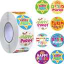 Fuutreo 1000 Pieces Happy Purim Sticker Roll 8 Styles Religious Jewish Gifts Mishloach Manot Sticker Bulk Chag Purim Sameach Self-Adhesive Label Decorations for Carnival Party Favors Gift Bag Decor