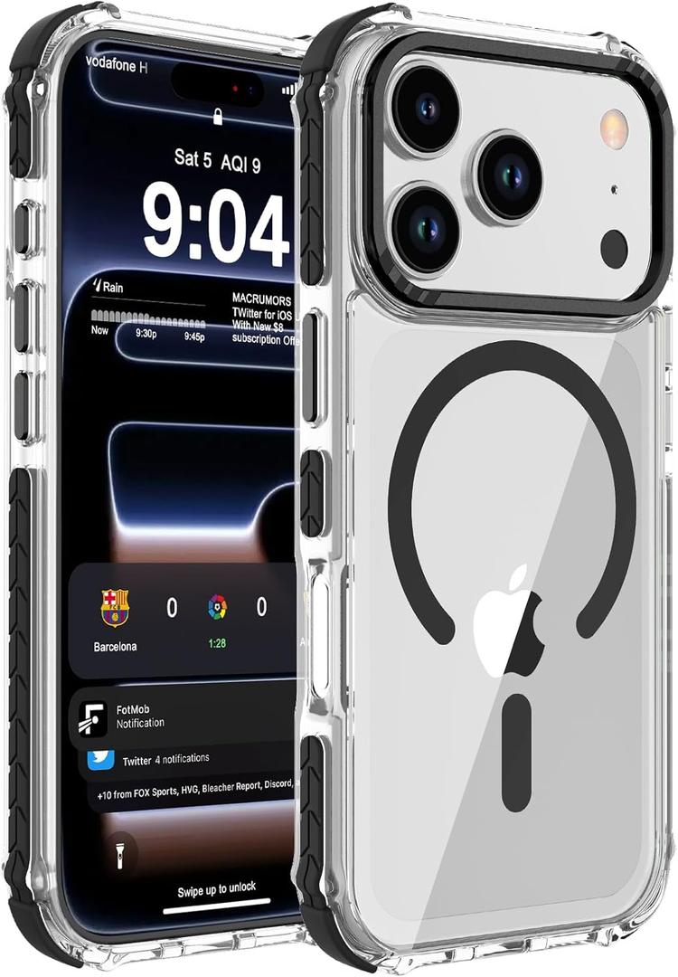 DEERLAMN Strong Magnetic Case for iPhone 17 Pro 6.3-Inch,[Compatible with Magsafe][Military Grade Drop Protection] Clear Slim Shockproof Protective Phone Cover-Transparent+Black