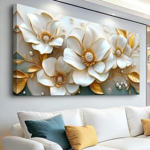 MooMel Large Floral Canvas Wall Art 20x40 Inch Gold White Plant Abstract Decor Painting Pictures Modern Nordic Botanical Flowers Posters Prints for Living Room Dining Room Bedroom Office Hallway Home Decoration.