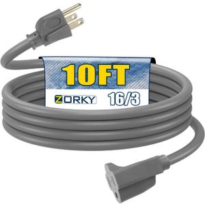 Zorky 10ft Outdoor Extension Cord for Christmas Decorations - 16/3 Heavy Duty SJTW Waterproof Gray Electrical Cable with 3 Prong Grounded Plug for Safety, Great for Lawn and Major Appliances