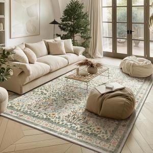 Beige Blue Area Rug 5x7 - Vintage Washable Floral Rug for Living Room, Bedroom, Nursery & Entryway - Low Pile, Non-Slip, Stain Resistant, Retro Indoor Carpet