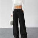 Women's Wide Leg Pants Straight Drawstring Elastic Waisted Baggy Mid Rise Casual Trousers, Size: Small