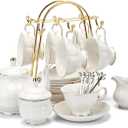 CHENP.HMC Tea Set 22-Piece Porcelain Ceramic Coffee Tea Gift Sets Cups Saucer Service for 6 Teapot Sugar Bowl Creamer Pitcher and Teaspoons (WHITE3)