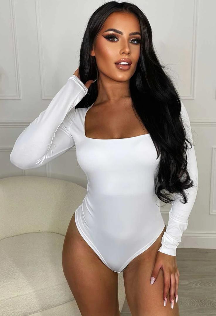 Yuiseaik Women's Square Neck Long Sleeve Bodysuit, Slim Fit One-Piece Top, Black White Beige (White, M)