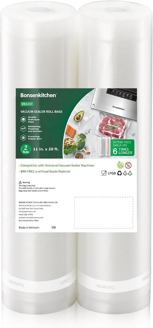 Bonsenkitchen Vacuum Sealer Bags, 11" x 20' Rolls 2 Pack for Food Storage Saver, BPA Free, Heavy Duty, Commercial Grade Textured Food Roll, Customized Size Bag for Sous Vide Cooking, VB3207