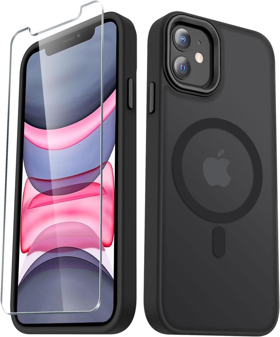 YENAPOON for iPhone 12 Case, iPhone 12 Pro Case, with 1 Screen Protector, Matte Magnetic Slim Phone Cover, Support for Magsafe, Shockproof Protection Translucent Frosted Back,Black