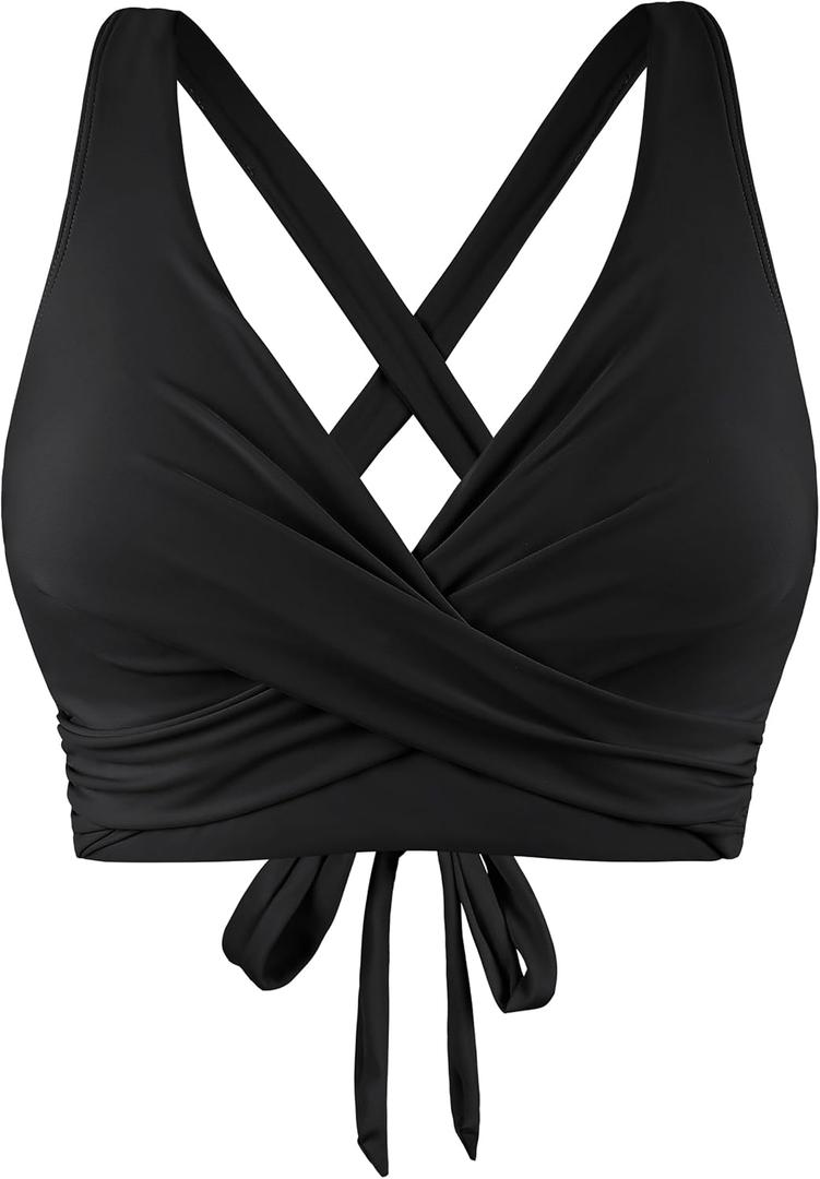 Firpearl Women Underwire Full Coverage Bikini Top Only Criss Cross Push Up Swim Crop Top Tie Back Bathing Suit (10-12, Black)