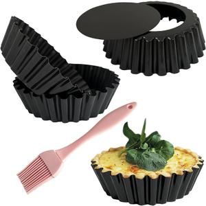 4 Pack Deep Tart Pans with Removable Bottom, 4-Inch Nonstick Quiche Pan with Silicone Basting Pastry Brush for Baking Treats, Pie, Quiches, Tartlets