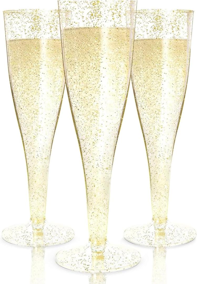 Prestee 24 Plastic Champagne Flutes - Gold Champagne Flutes Plastic - Gold Disposable Mimosa Flute - Party Supplies - Disposable Cocktail Glasses - Mimosa Bar, Wedding, Shower Party (24 Count (Pack of 1))